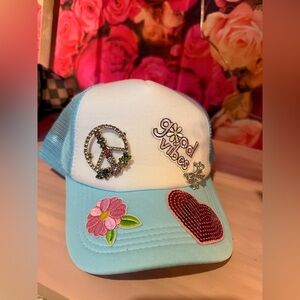 Good Vibes Blue and White Cap with Patches